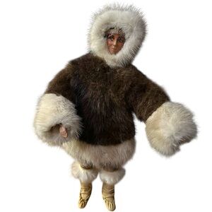 VTG 14" Christo-Enr Inuit Mother & Baby Doll Made in Canada | Real Fur & Cowhide